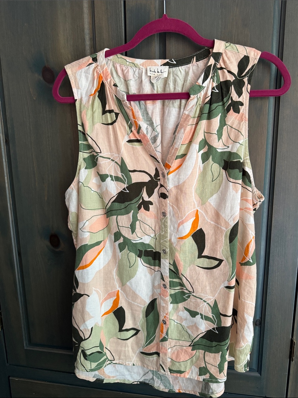 Lightweight Floral Linen Blend Sleeveless Blouse - Peach/Green women’s tank